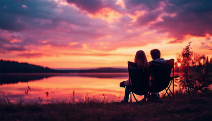 Obraz premium lovely couple sitting on camping chair and watching lake, dramatic sunset colors painting the sky 