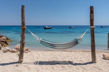 Hammock on a sandy beach with blue sea and sky.