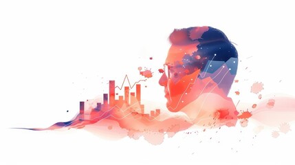 Abstract watercolor painting of a man's face with financial data.