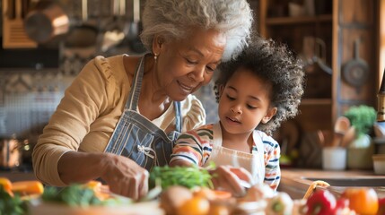 Fototapeta premium Grandmother teaching granddaughter to cook in a countryside kitchen, ample copy space
