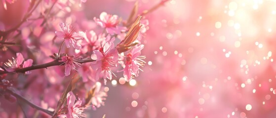 Obraz premium abstract and dreamy banner background of of spring blossoms tree with pink flowers. selective focus. glitter overlay, with copy