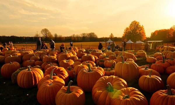 A vibrant pumpkin patch filled with large orange pumpkins, bathed in the warm glow of a setting sun. In the background, people are seen enjoying the autumn scene, with trees showcasing fall foliage.