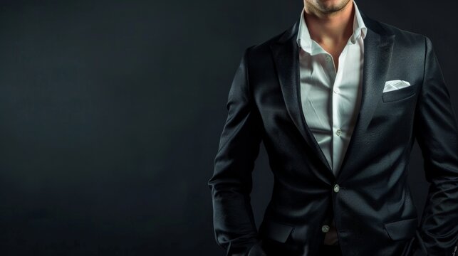 A man in a tailored black suit stands against a dark backdrop