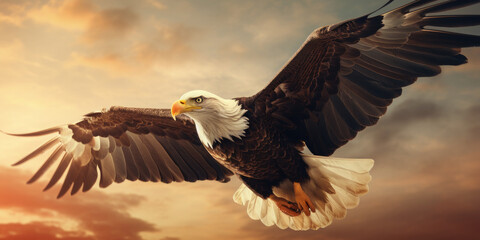 Obraz premium North American Bald Eagle flies in the sky.