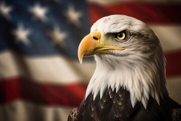 North American Bald Eagle on the background of the American flag.