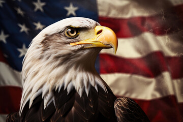 North American Bald Eagle on the background of the American flag.