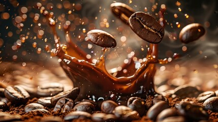 Roasted coffee beans splashing in delicious coffee,