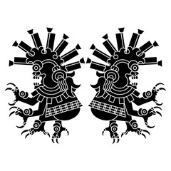 Symmetrical ethnic design with two monsters from Aztec or Mixtec codex. Native American mythology. Black and white silhouette.