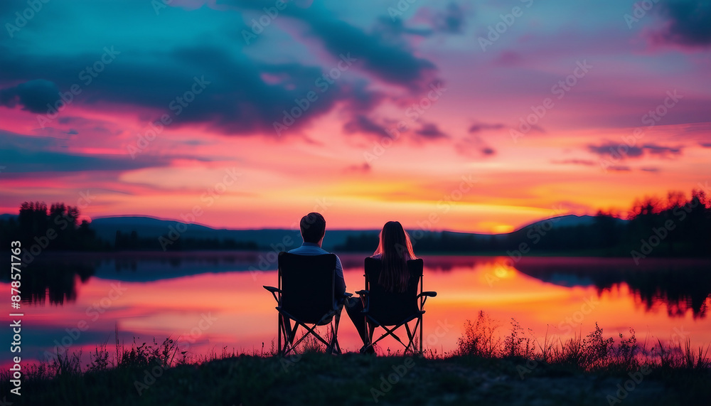 Sticker lovely couple sitting on camping chair and watching lake, dramatic sunset colors painting the sky
