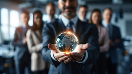 A man is holding a globe in his hand, surrounded by a group of people