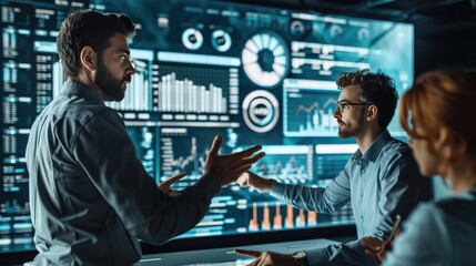 Three men are standing in front of a large monitor displaying various graphs