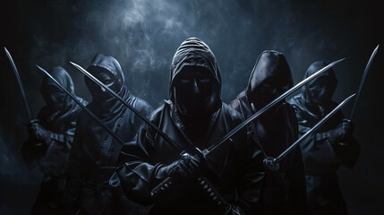 Fototapeta premium Three mysterious figures in black ninja attire holding swords enveloped in smoke