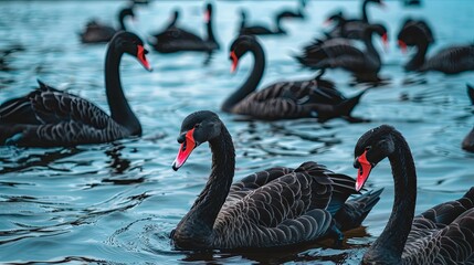 Black Swan Couple Swimming in Blue Water.