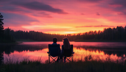 lovely couple sitting on camping chair and watching lake, dramatic sunset colors painting the sky
