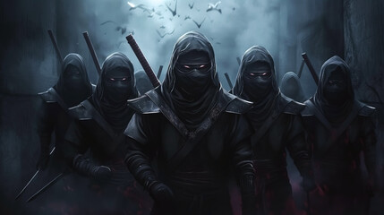 Fototapeta premium Group of five mysterious ninjas in a misty, eerie forest with glowing eyes and drawn swords.