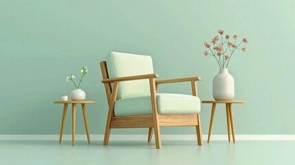 A contemporary wooden armchair on a muted pastel green background, with a minimalist side table and a simple vase of flowers, emphasizing clean and serene interior design.