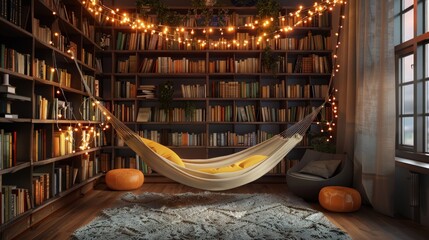 A cozy alcove with a modern hammock chair, surrounded by bookshelves and enhanced with warm fairy lights draped overhead, creating a magical and peaceful reading retreat.