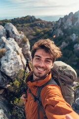 Naklejka premium A person captures a moment on top of a mountain, suitable for travel and adventure themes