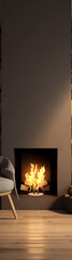 Cozy fireplace, warm yellow flames, and a grey armchair, perfect for a relaxing winter evening. 
