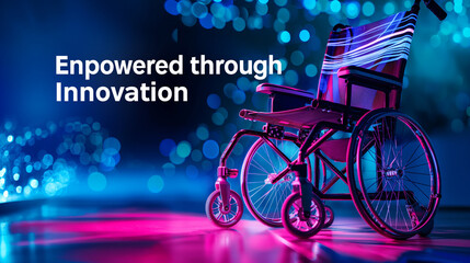 A poster featuring adaptive technology with the text "Empowered through Innovation", Disability Pride Month with copy space