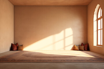 Minimalist interior design with beige walls, brown rug, and golden light, ideal for creating a cozy and inviting atmosphere. 
