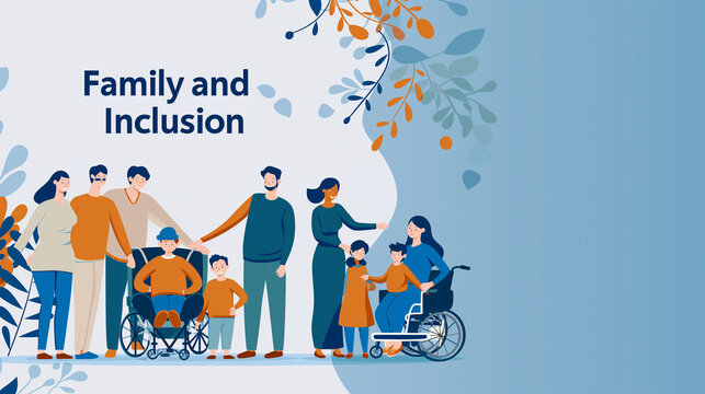 A poster with a family including a member with a disability with the text "Family and Inclusion" with copy space