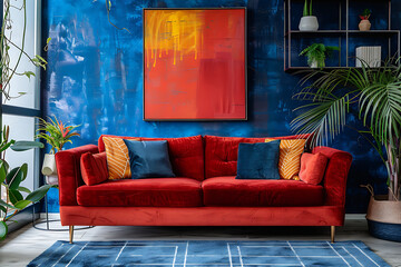 Red velvet sofa, blue wall, and yellow artwork,  modern interior design with a bold and vibrant color palette. 
