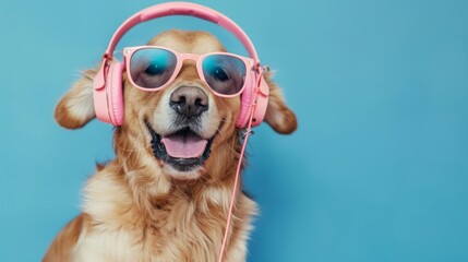 Golden Retriever with Headphones and Sunglasses