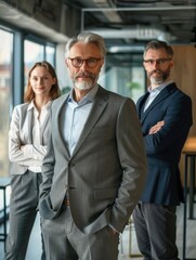 Fototapeta premium A businessman stands next to two women, likely coworkers or clients