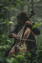 Cellist Performing Amid Spring Rain Under Lush Green Foliage for Print, Card, Poster Designs