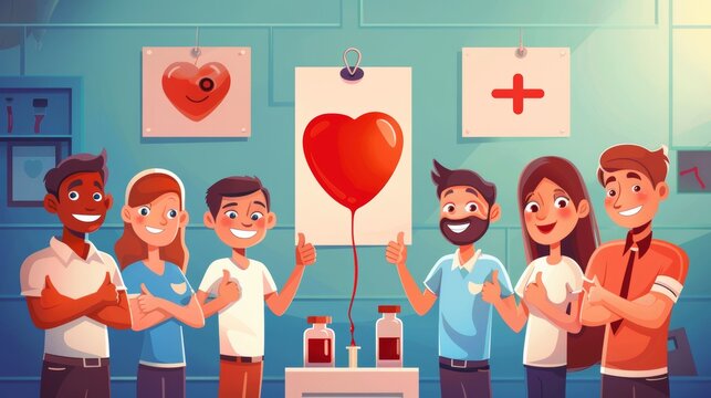 Blood Donation Drive with Cheerful Volunteers and Donors at Community Center - Health Awareness Poster Design