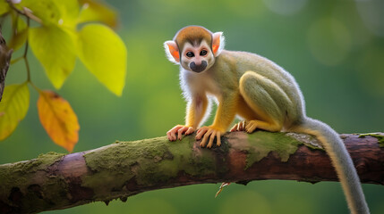 Obraz premium A curious monkey with green, yellow and brown fur sits on a mossy branch in a lush green forest. 