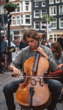 Street Cellist Performing to Teenagers in Urban Setting - Perfect for Social Media, Posters, and Music Event Promotions