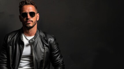 Obraz premium A man in a black leather jacket and sunglasses stares intently forward