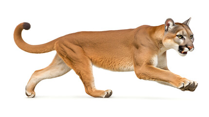 A powerful,  brown, and white cougar leaps forward with a determined expression, showcasing its wild nature and raw energy. 
