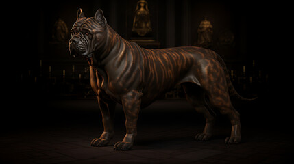 Fototapeta premium A powerful, muscular, brindle dog stands alone in a dark, mysterious setting, evoking a sense of strength, loyalty, and protection. 