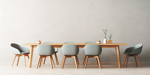 Minimalist dining room with light wood, grey chairs, and green plants,  evoking a sense of calm and modern elegance. 
