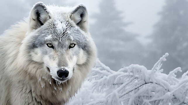 A white wolf with piercing yellow eyes stares intensely into the snowy winter landscape. 
