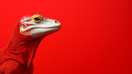 Red lizard with white scales against a bright red background, perfect for a bold and graphic design project. 
