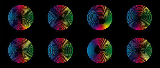 Music equalizers and sound waves. Vector set of radial curves spectrum of radio wave oscillations. Multicolored neon sound wave of audio circles.