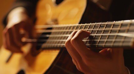 Fototapeta premium Classical Guitar Performance: Close-Up of Hands Playing Strings with Focus on Finger Movements