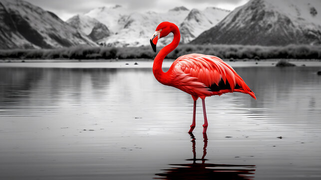 A single flamingo stands in a calm lake with a black and white mountain background, showcasing a vibrant red bird against a muted landscape. 

