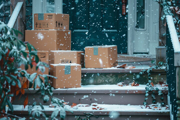 Snow covered shipping boxes stacked on porch in front of residential front door in the winter, holiday shipping delivery concept