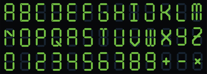 Digital display font. Alarm clock letters and numbers, electronic alphabet and retro calculator screen symbols vector set.