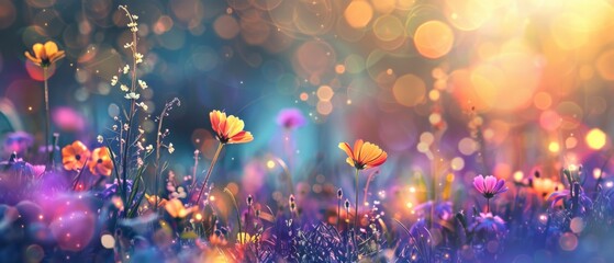 Beautiful multicolored spring meadow background with wild flowers and bokeh lights
