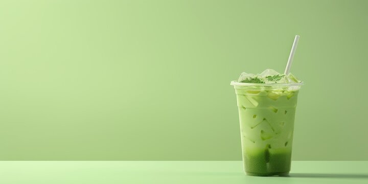 Refreshing 3D Rendered Iced Matcha Latte with Straw on Minimal Background for Copy Space