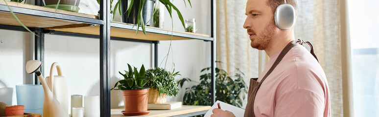 A stylish man wearing headphones stands in front of a shelf in a plant shop, surrounded by lush greenery and botanical beauty.