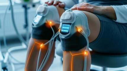 Electro stimulation in physical therapy to legs and knee at modern clinic with professional physiotherapy doctor.
