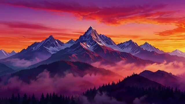 A serene scene of the sun rising over mist-covered mountains, with soft pastel watercolor tones blending into the sky clouds, 4K 2D Japanese anime Cyan purple colors manga style wallpaper animation