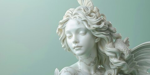 A marble statue of a serene mermaid, with intricate scales and flowing hair, set against a pastel seafoam green background